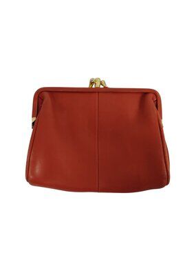 Vintage Red Leather Coin Purse Gold Kiss Lock Clasp Inner Zipper Pocket